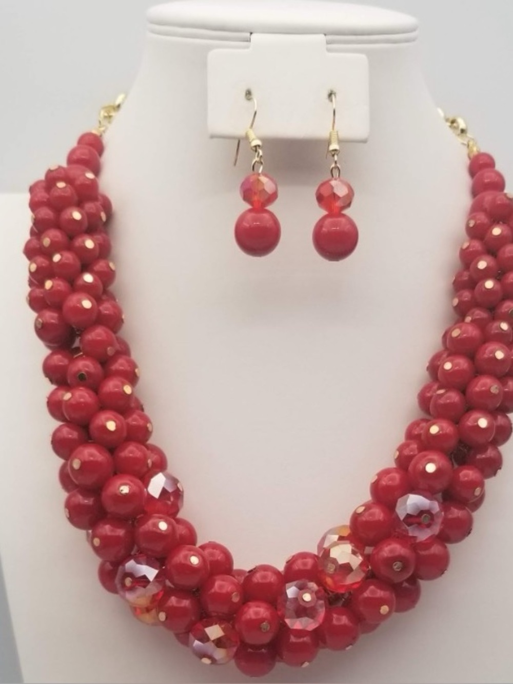 Red Statement Necklace and Earrings Set